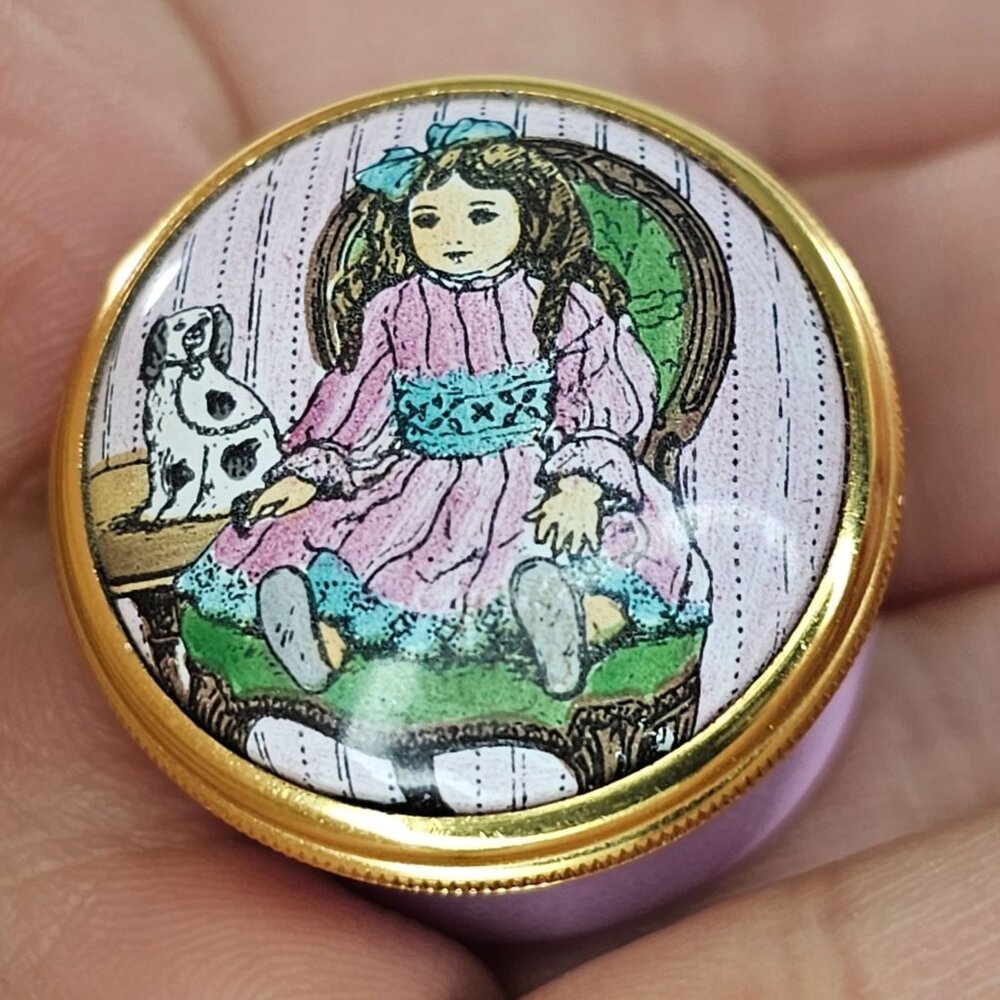 Halcyon Days Enamels Trinket Box Victorian Girl Doll & Dog Design